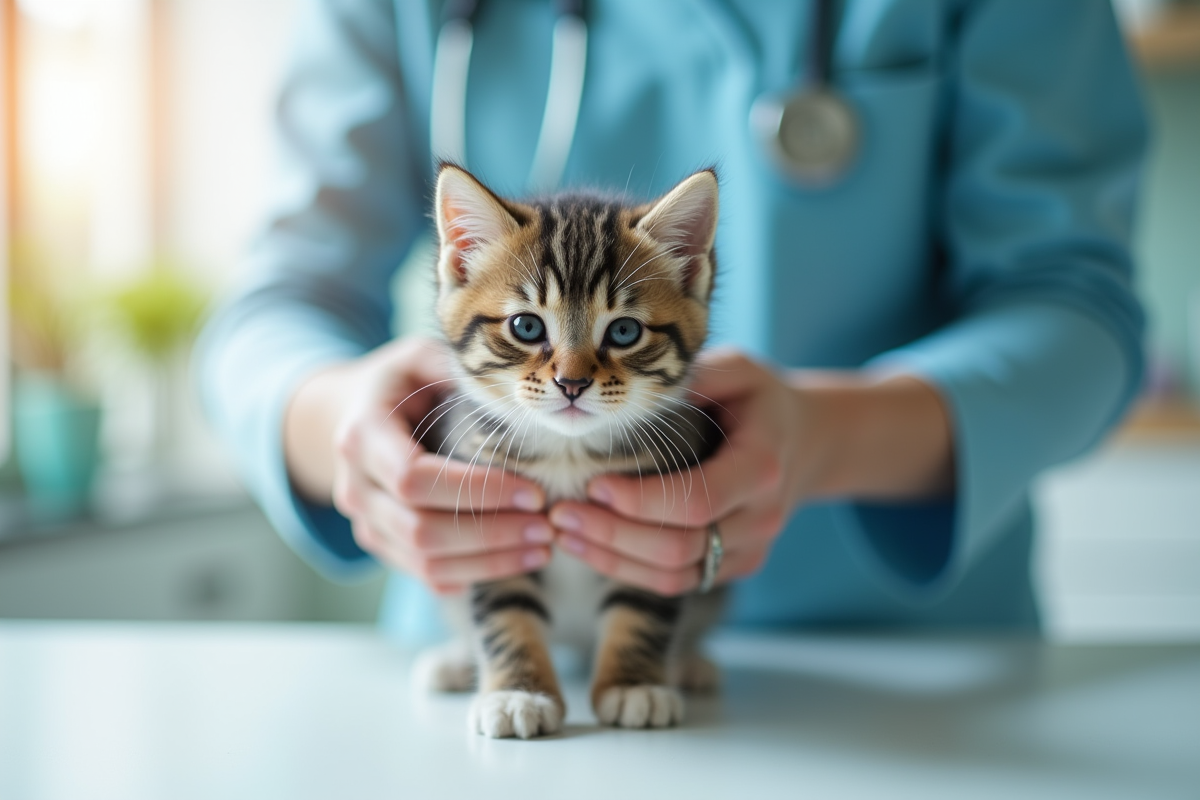 Vétérinaire tenant doucement un chaton calme en clinique