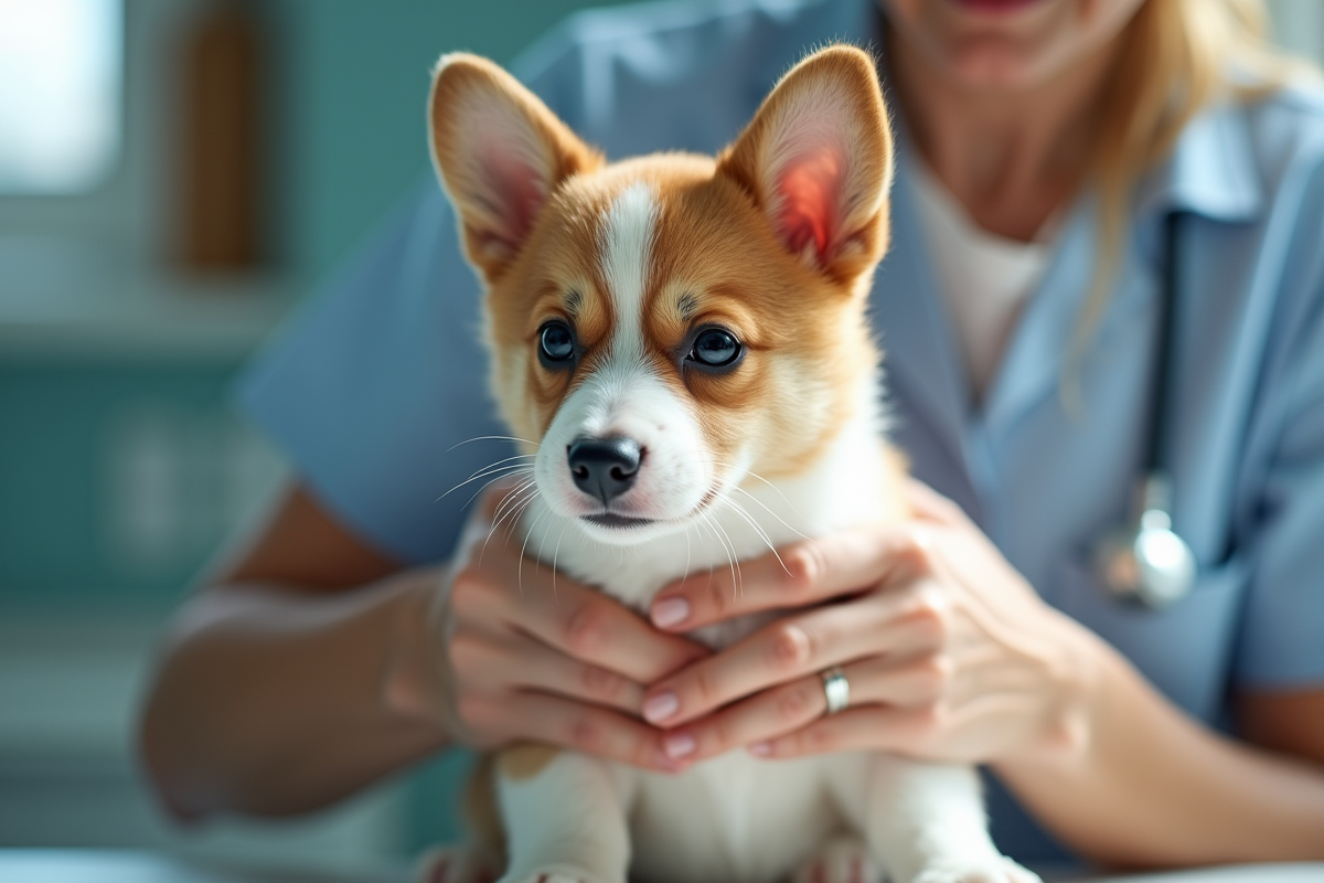 Chiot corgi examiné par un vétérinaire en intérieur