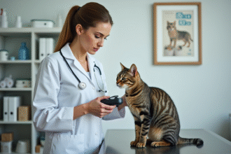 Vétérinaire en blanc scanne un chat avec microchip dans une clinique