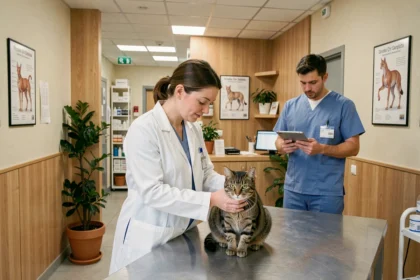 Vétérinaires dans le Grand Est : vue d'ensemble d'une clinique vétérinaire moderne avec une vétérinaire tenant un chat tigré