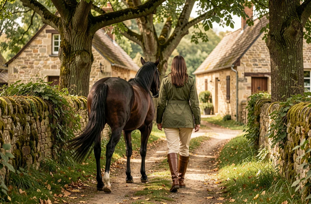 Cavalière menant un cheval bai sur un chemin rural au Village Équestre de Conches