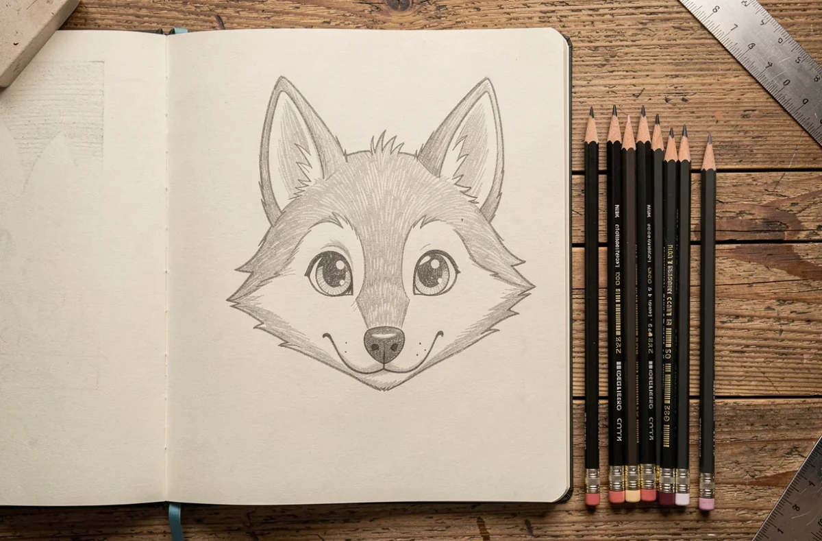Vue aérienne d'un carnet de croquis ouvert avec un dessin de loup mignon au crayon graphite et des crayons disposés à côté